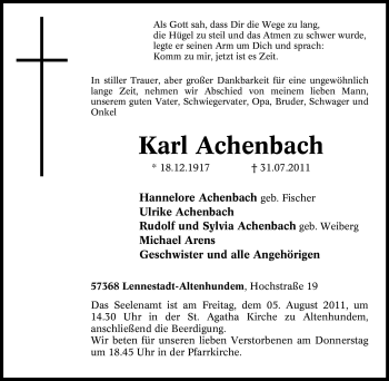 Traueranzeige von Karl Achenbach von Tageszeitung