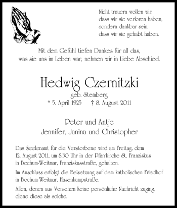 Traueranzeige von Hedwig Czernitzki von Tageszeitung