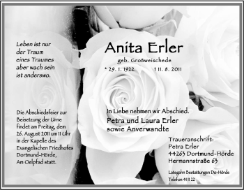 Traueranzeige von Anita Erler von Tageszeitung