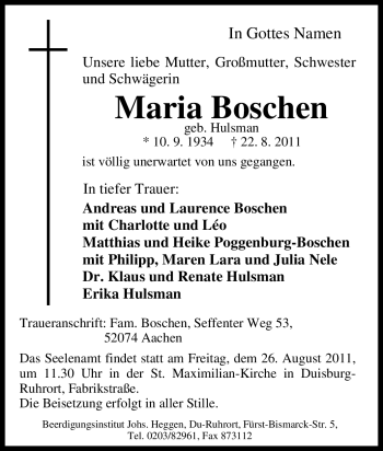 Traueranzeige von Maria Boschen von Tageszeitung