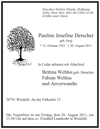 Traueranzeige von Pauline Josefine Detscher von Tageszeitung