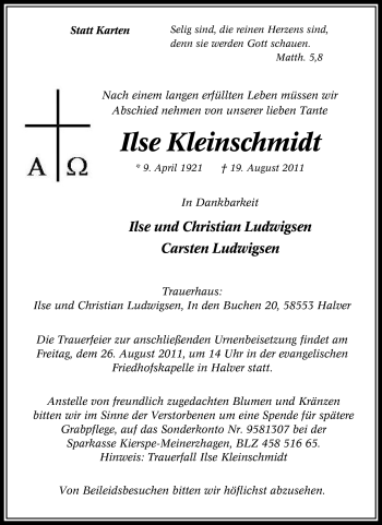 Traueranzeige von Ilse Kleinschmidt von Tageszeitung