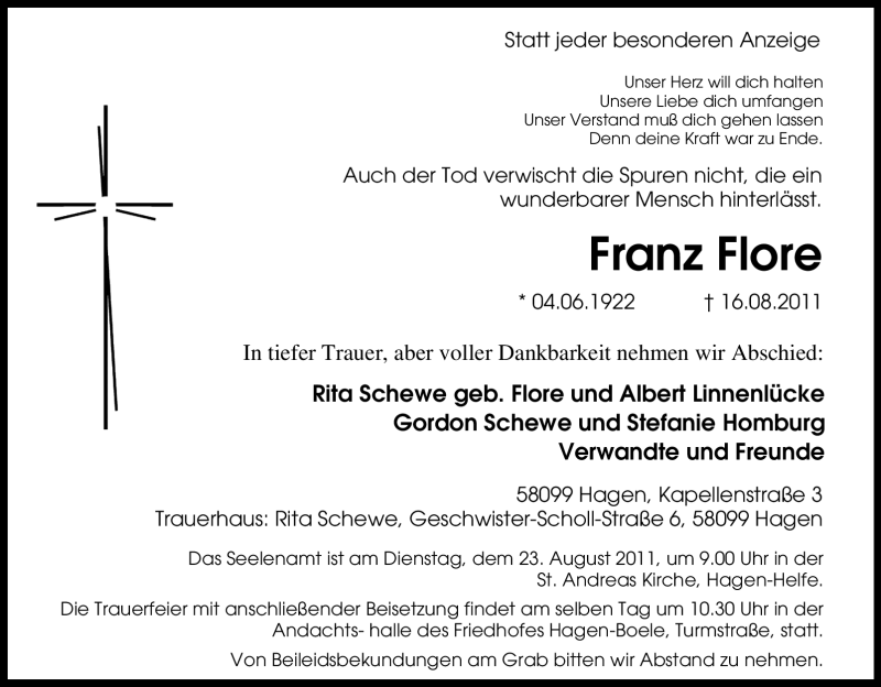  Traueranzeige für Franz Flore vom 18.08.2011 aus Tageszeitung
