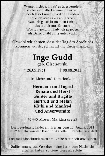 Traueranzeige von Inge Gudd von Tageszeitung