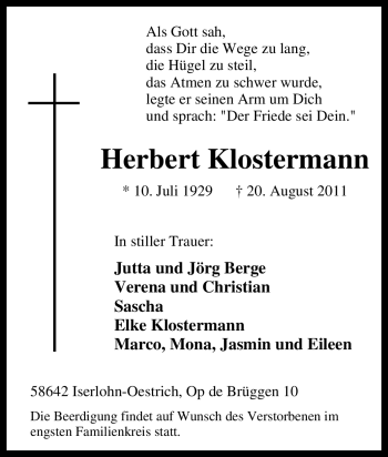 Traueranzeige von Herbert Klostermann von Tageszeitung