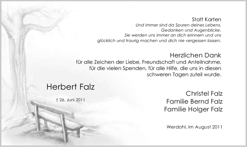  Traueranzeige für Herbert Falz vom 06.08.2011 aus Tageszeitung