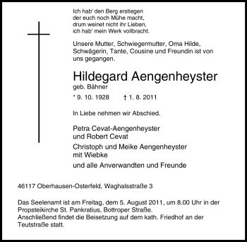 Traueranzeige von Hildegard Aengenheyster von Tageszeitung
