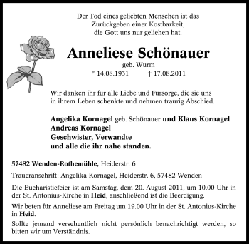 Traueranzeige von Anneliese Schönauer von Tageszeitung