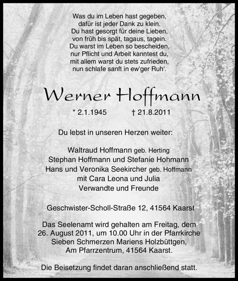  Traueranzeige für Werner Hoffmann vom 24.08.2011 aus Tageszeitung