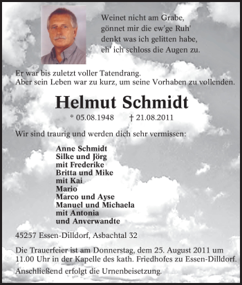 Traueranzeige von Helmut Schmidt von Tageszeitung