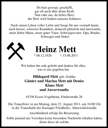 Traueranzeige von Heinz Mett von Tageszeitung