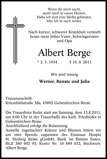 Traueranzeige von Albert Berge von Tageszeitung