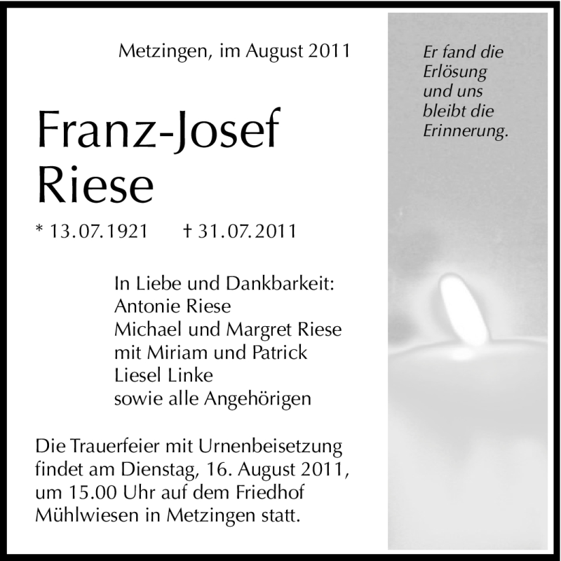  Traueranzeige für Franz-Josef Riese vom 11.08.2011 aus Tageszeitung