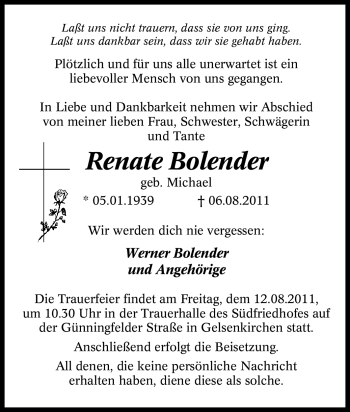 Traueranzeige von Renate Bolender von Tageszeitung