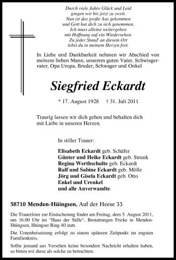 Traueranzeige von Siegfried Eckardt von Tageszeitung