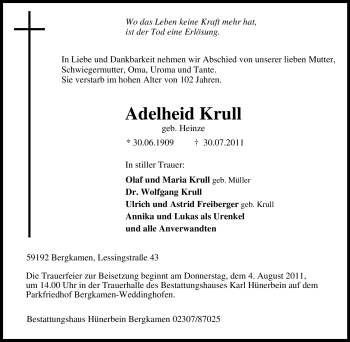 Traueranzeige von Adelheid Krull von Tageszeitung
