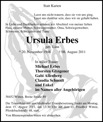 Traueranzeige von Ursula Erbes von Tageszeitung