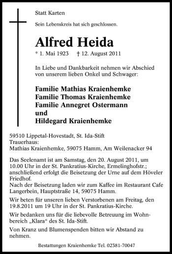 Traueranzeige von Alfred Heida von Tageszeitung