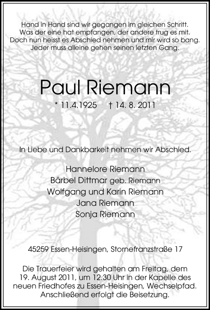  Traueranzeige für Paul Riemann vom 17.08.2011 aus Tageszeitung