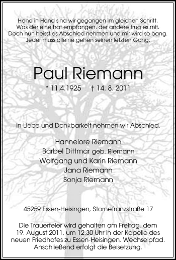 Traueranzeige von Paul Riemann von Tageszeitung