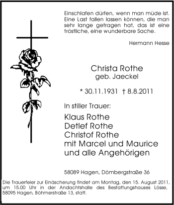 Traueranzeige von Christa Rothe von Tageszeitung