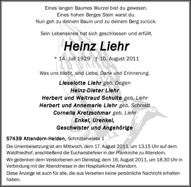  Traueranzeige für Heinz Liehr vom 13.08.2011 aus Tageszeitung
