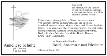 Traueranzeige von Anneliese Schulte von Tageszeitung