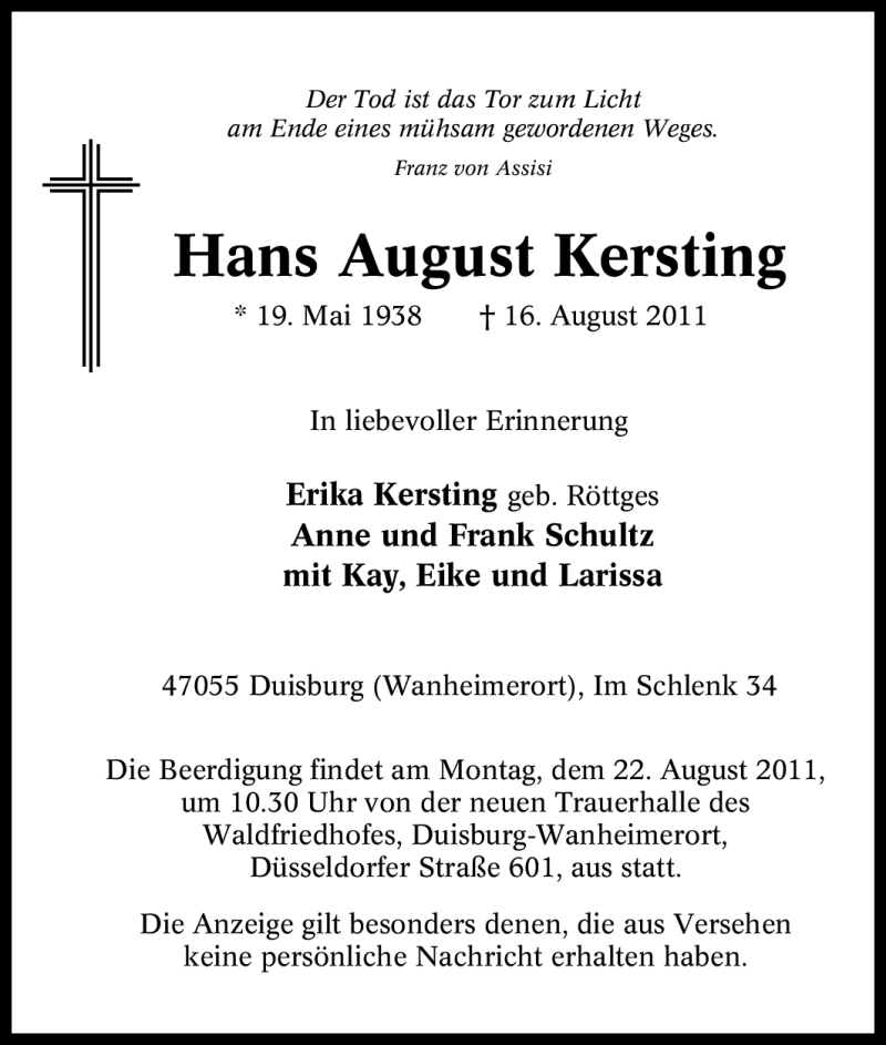 Traueranzeigen von Hans August Kersting TrauerinNRW.de