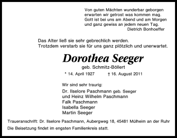 Traueranzeigen von Dorothea Seeger | Trauer-in-NRW.de