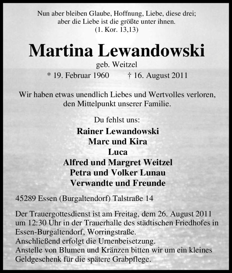  Traueranzeige für Martina Lewandowski vom 20.08.2011 aus Tageszeitung
