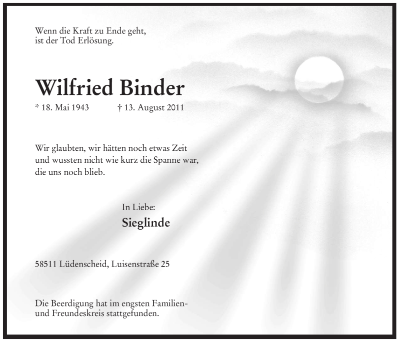  Traueranzeige für Wilfried Binder vom 24.08.2011 aus Tageszeitung