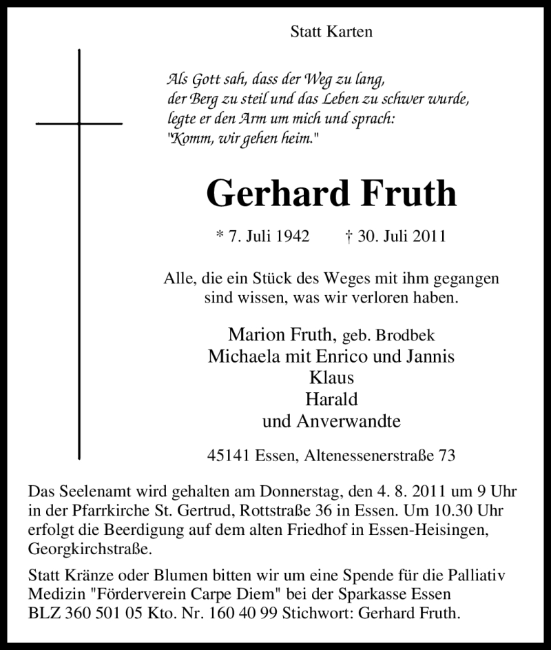 Traueranzeige für Gerhard Fruth vom 02.08.2011 aus Tageszeitung