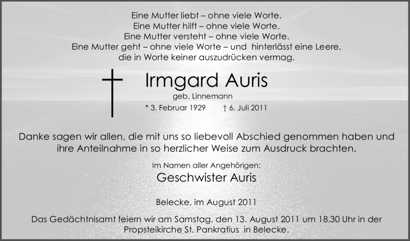  Traueranzeige für Irmgard Auris vom 06.08.2011 aus Tageszeitung