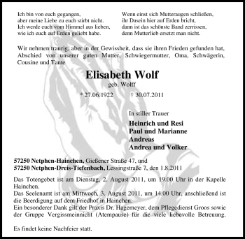 Traueranzeige von Elisabeth Wolf von Tageszeitung