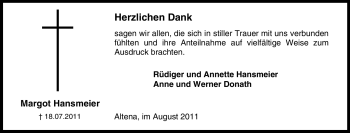 Traueranzeige von Margot Hansmeier von Tageszeitung