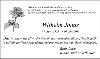 Traueranzeige von Wilhelm Jonas von Tageszeitung