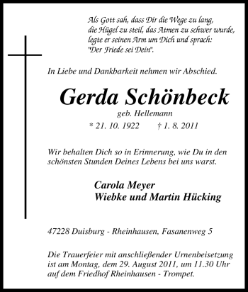 Traueranzeige von Gerda Schönbeck von Tageszeitung
