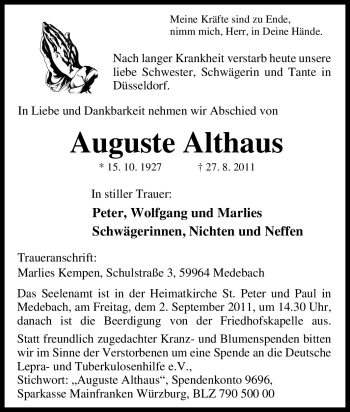 Traueranzeige von Auguste Althaus von Tageszeitung