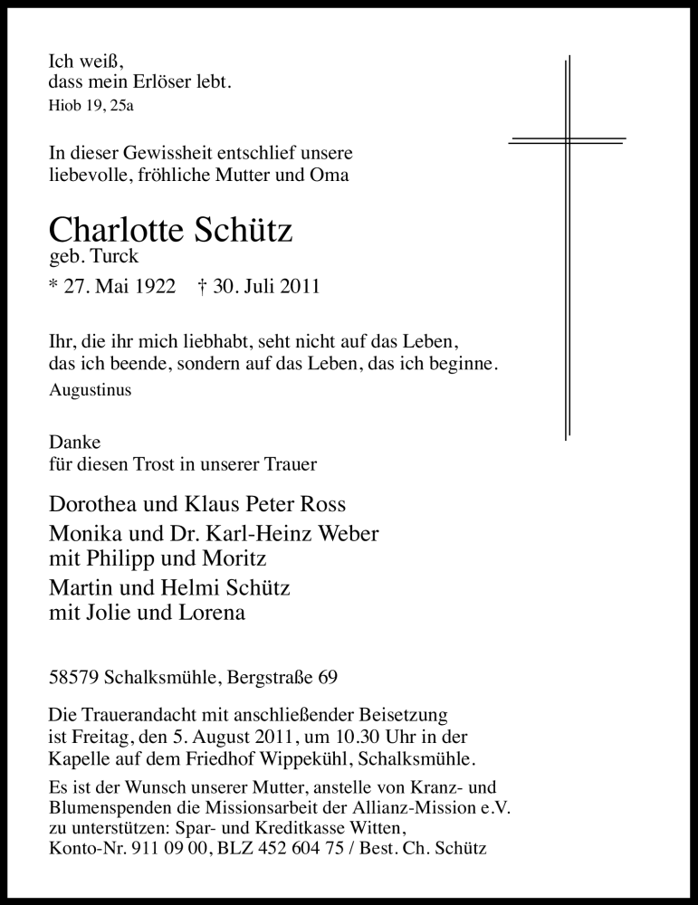  Traueranzeige für Charlotte Schütz vom 01.08.2011 aus Tageszeitung