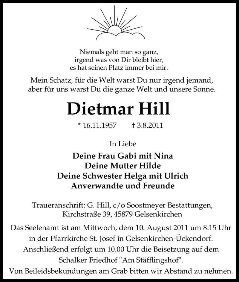  Traueranzeige für Dietmar Hill vom 06.08.2011 aus Tageszeitung