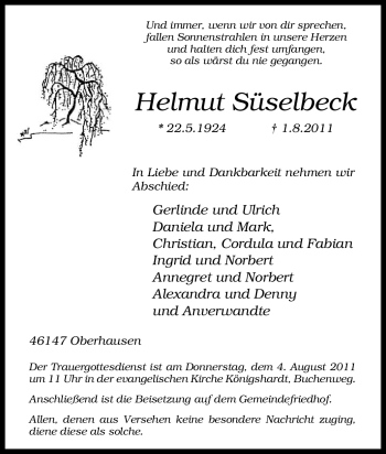 Traueranzeige von Helmut Süselbeck von Tageszeitung