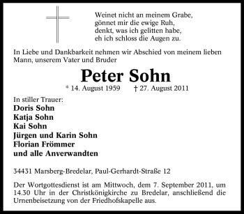 Traueranzeige von Peter Sohn von Tageszeitung