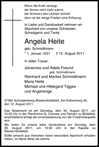 Traueranzeige von Angela Heite von Tageszeitung