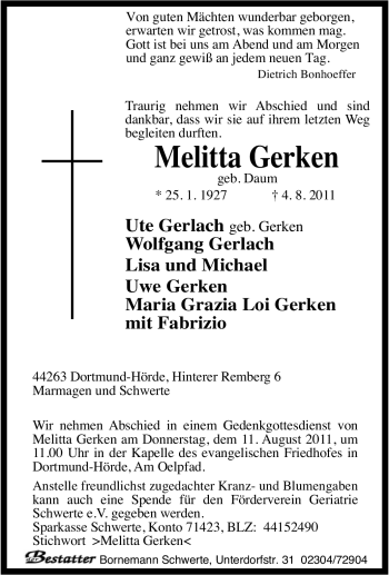 Traueranzeige von Melitta Gerken von Tageszeitung