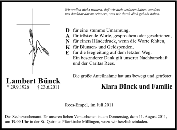 Traueranzeige von Lambert Bünck von Tageszeitung