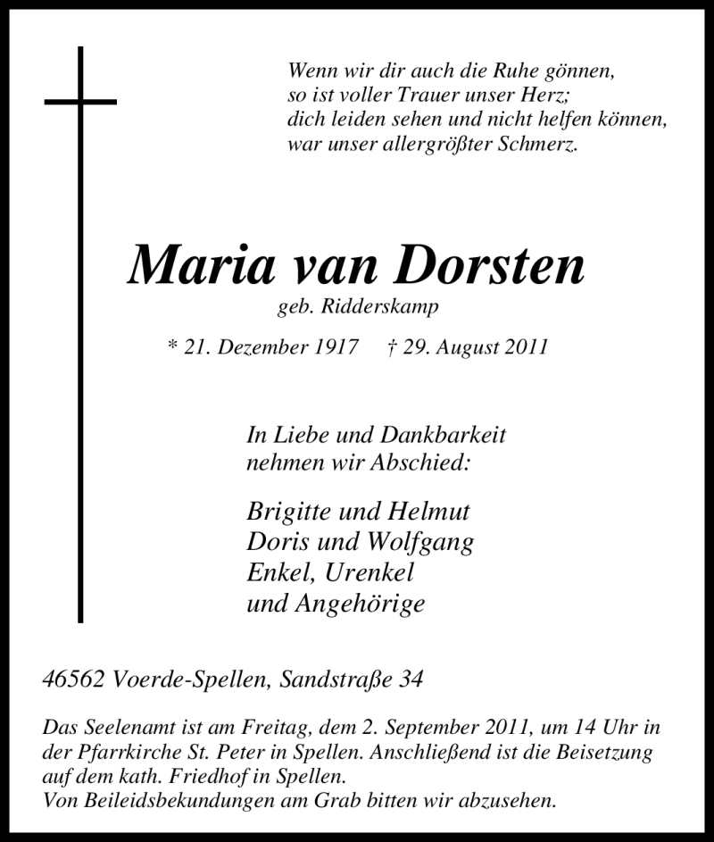  Traueranzeige für Maria van Dorsten vom 31.08.2011 aus Tageszeitung