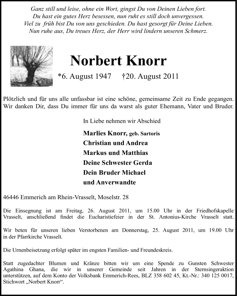 Traueranzeige für Norbert Knorr vom 24.08.2011 aus Tageszeitung