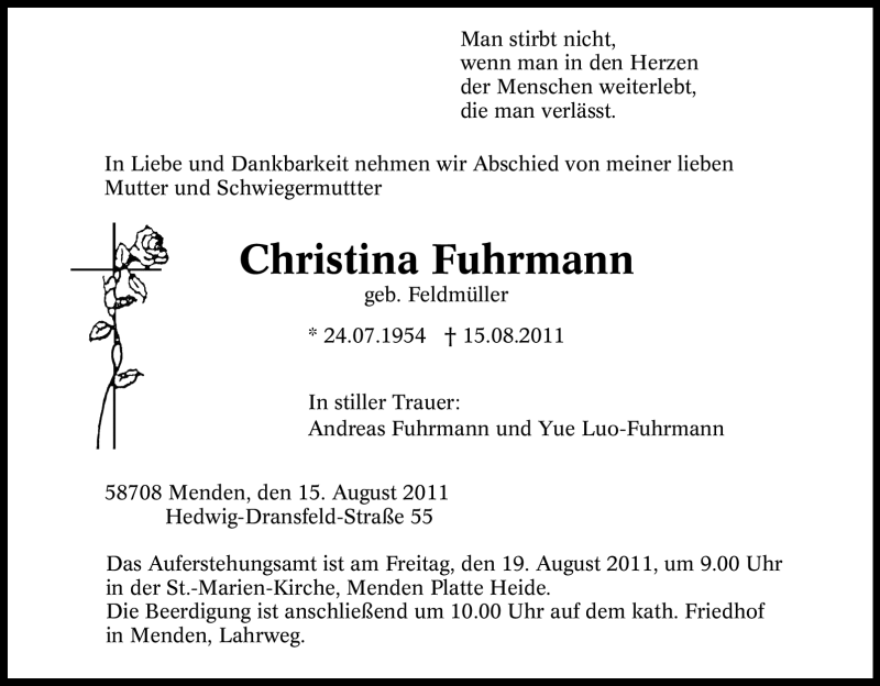  Traueranzeige für Christina Fuhrmann vom 17.08.2011 aus Tageszeitung