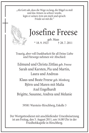 Traueranzeige von Josefine Freese von Tageszeitung