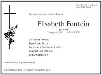 Traueranzeige von Elisabeth Fontein von Tageszeitung